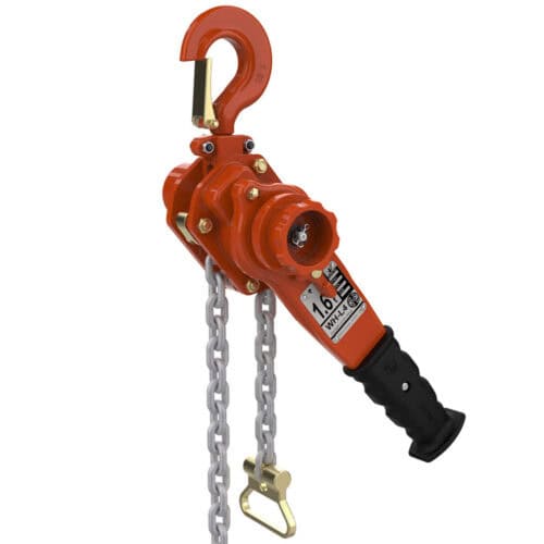 William Hackett L4 lever hoist with red body, black handle, and chain with upper hook and lower latch hook