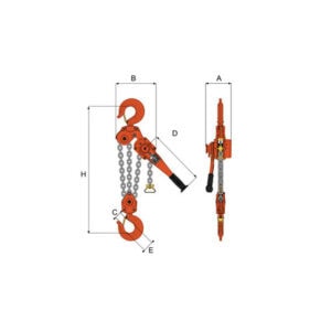 William Hackett L4 lever hoist with chain and hooks showing dimension markings and side view