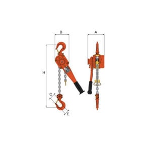 William Hackett L4 lever hoist with chain and hooks shown with dimension markers A B C E and H