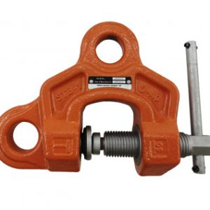 Orange multi-dimensional clamp with threaded screw and removable handle on white background