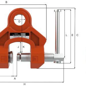 Dimensioned diagram of a William Hackett multi-dimensional clamp in orange with side and end views