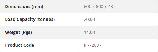 Table showing dimensions 600 x 600 x 48 mm load capacity 20 tonnes weight 14 kg and product code IP-72097