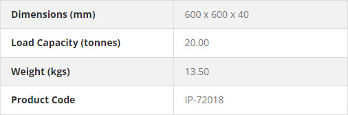 Table showing dimensions 600 x 600 x 40 mm load capacity 20 tonnes weight 13.50 kg and product code IP-72018