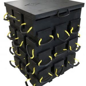 Black plastic crate top pad with moulded handles and yellow cable ties on sides
