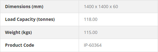 Product specifications table showing dimensions 1400 x 1400 x 60 mm load capacity 118 tonnes weight 115 kg and product code IP-60364
