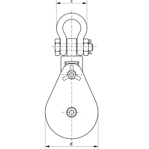 Technical line drawing of snatch block with shackle showing width dimensions c and d