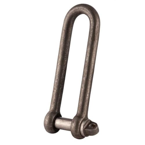 Long Dee piling shackle with screw collar pin in grey steel finish isolated on white background