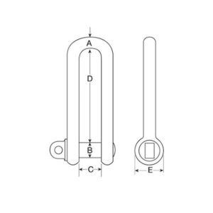Technical drawing of long Dee piling shackle with screw collar pin showing dimensions A B C D and E