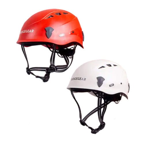 RidgeGear Air Helmet in red and white with ventilation vents and chin straps