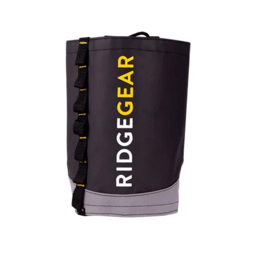 Black RG tool bucket with Ridggear logo and side webbing loops on a white background