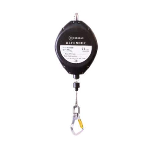 Ridgegear Defender fall arrest block with black casing, 20 m retractable line and snap hook attachment