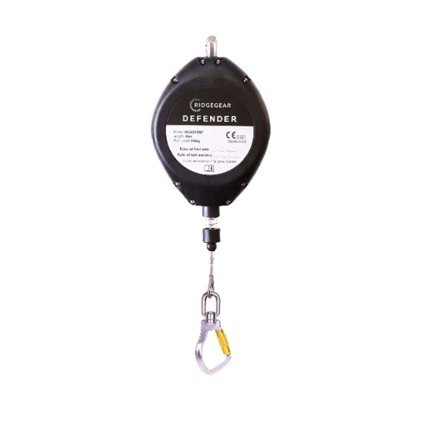 Ridgegear Defender fall arrest block with black casing, 20 m retractable line and snap hook attachment