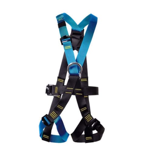 RGH13 summit adventure safety harness with blue and black straps and front attachment ring
