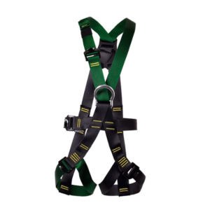 RGH13 summit adventure harness with green and black straps and metal front attachment ring