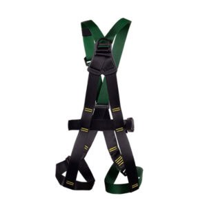 RGH13 Summit Adventure full body harness with black and green straps and waist buckle on white background