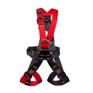 RGH13 Summit Adventure Harness with red shoulder straps, black waist and leg loops, and front metal D-ring