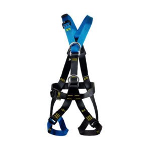 RGH13Y summit Y-shaped climbing harness with blue and black straps, waist belt, leg loops and metal D-rings