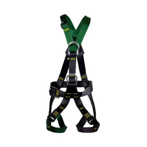 RGH13Y Summit Y-shaped climbing harness with green and black straps and metal D-rings on white background