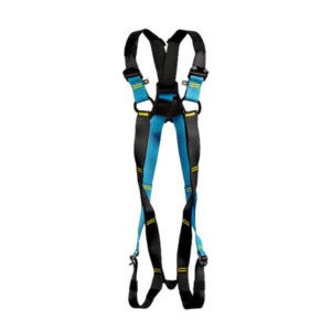 RGH14 2-point safety harness with rope rings in black and blue webbing straps on white background