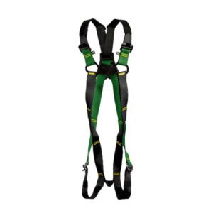 Black and green 2 point safety harness with adjustable straps and buckles isolated on white background
