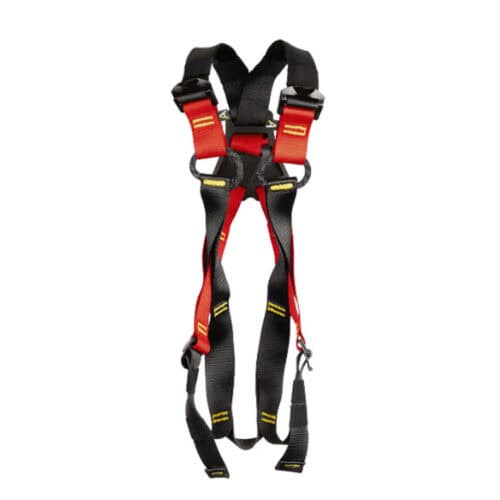 RGH14 rope ring two point safety harness with red and black webbing and rope rings isolated on white background