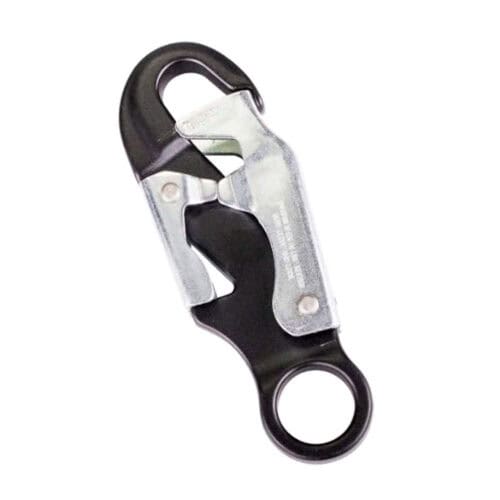 RGK50 18mm step bolt connector with black body and silver gate, showing hook and attachment eyelet