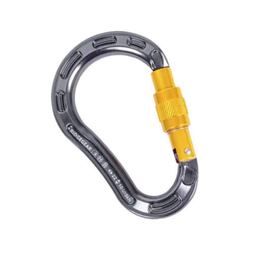 RGK7 26mm aluminium HMS screwgate belay karabiner with yellow locking sleeve and grey body