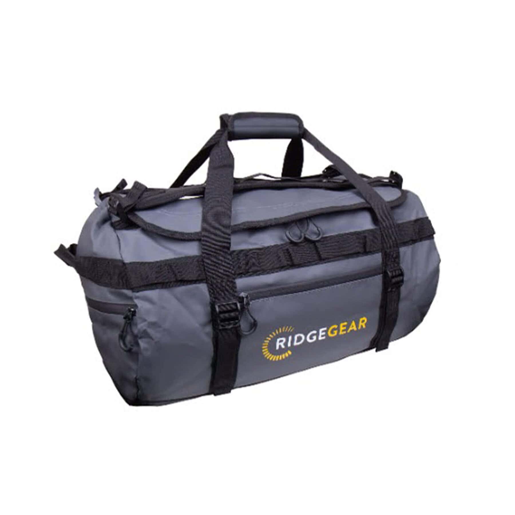 RGS7 50L grey duffle bag with black straps and RidgeGear logo on the side