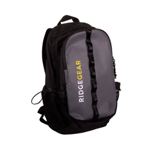 Black and grey Ridge Gear RGS8 20L backpack with front zip panel and side mesh pocket