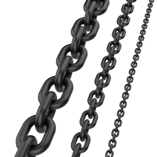 Hackett Grade 8 black lifting chain links in three thicknesses on white background