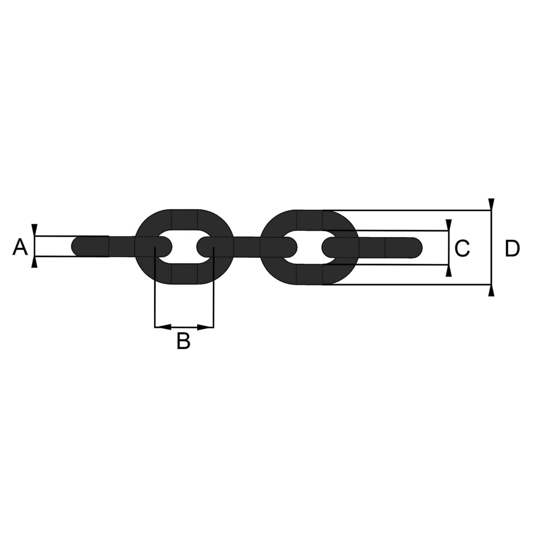 Diagram of Grade 8 lifting chain links with dimension labels A B C and D