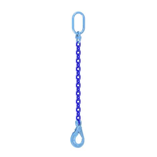 Blue 6mm single leg chain sling with oblong top link and safety hook at bottom