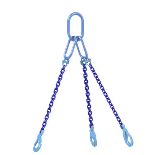 6mm three leg chain sling with blue chains and safety hooks on white background