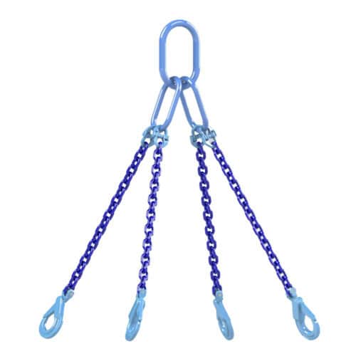 6mm four leg chain sling with master link and four safety hooks in blue on white background