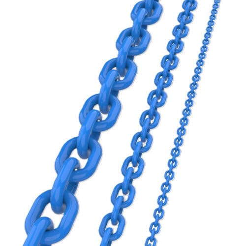 Blue grade 10 lifting chain links shown in three sizes on a white background