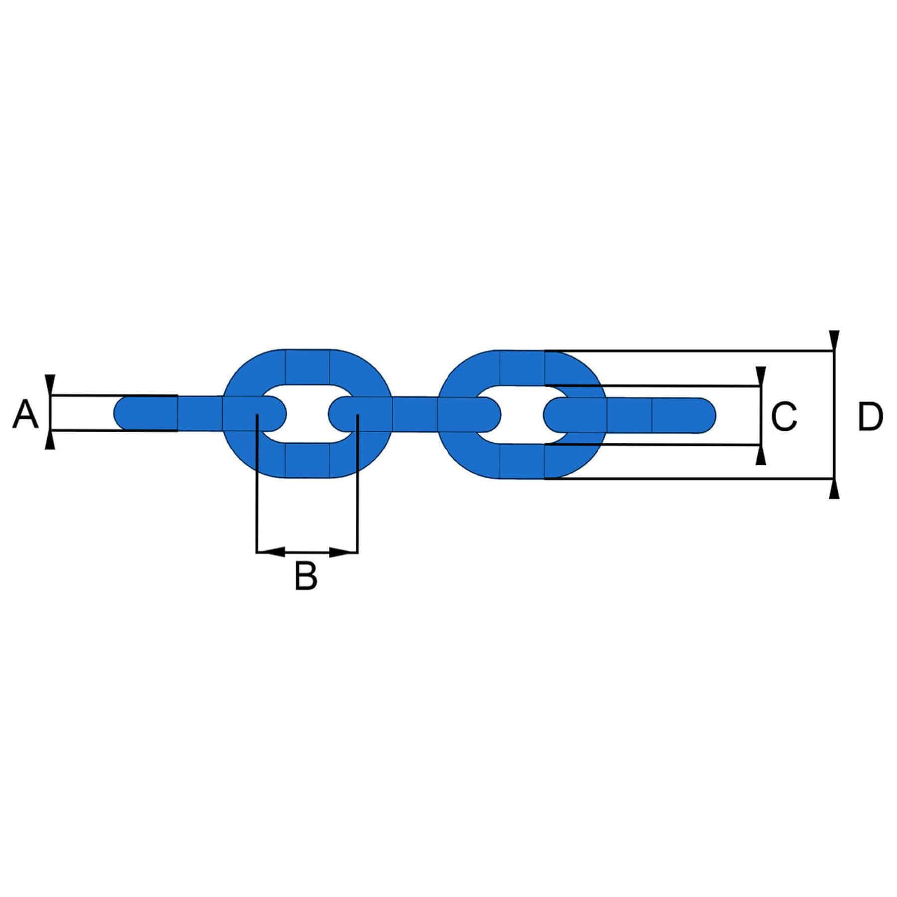 Diagram of blue grade 10 lifting chain links with dimension labels A B C and D