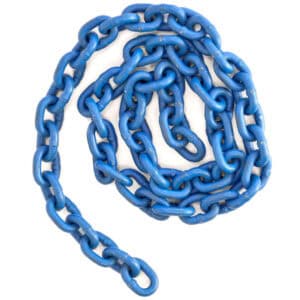 Blue Grade 10 lifting chain coiled on a white background