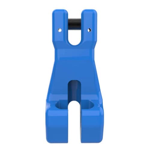 Blue Grade 10 clevis clutch fitting with pin holes and slot opening isolated on white background