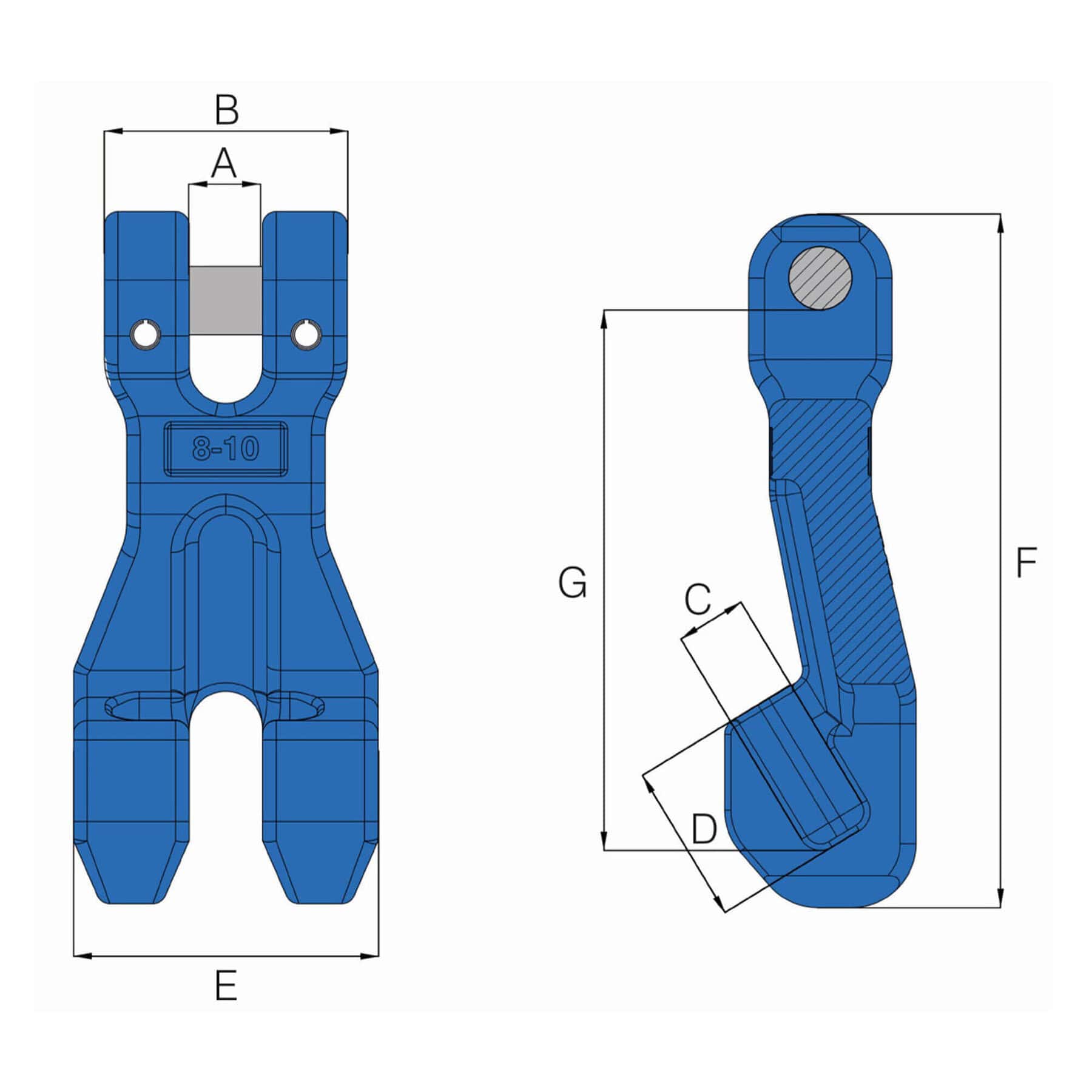 Technical drawing of HACK10 grade 10 clevis clutch showing front and side views with dimension labels