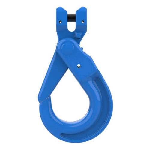 Blue Grade 10 clevis self locking lifting hook with safety latch isolated on white background
