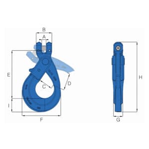 Dimensioned drawing of HACK10 Grade 10 clevis self locking hook showing side and front views with labels A to I