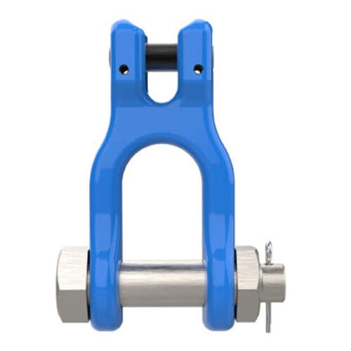 Blue grade 10 clevis shackle with silver screw pin and retaining clip on white background