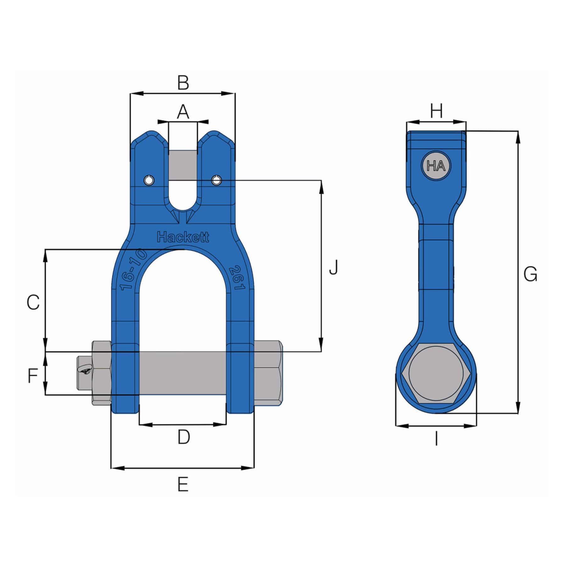 HACK10 grade 10 clevis shackle technical drawing with front and side views and labelled dimensions