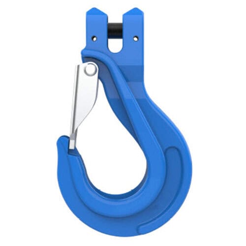 Blue grade 10 clevis sling hook with safety latch on white background