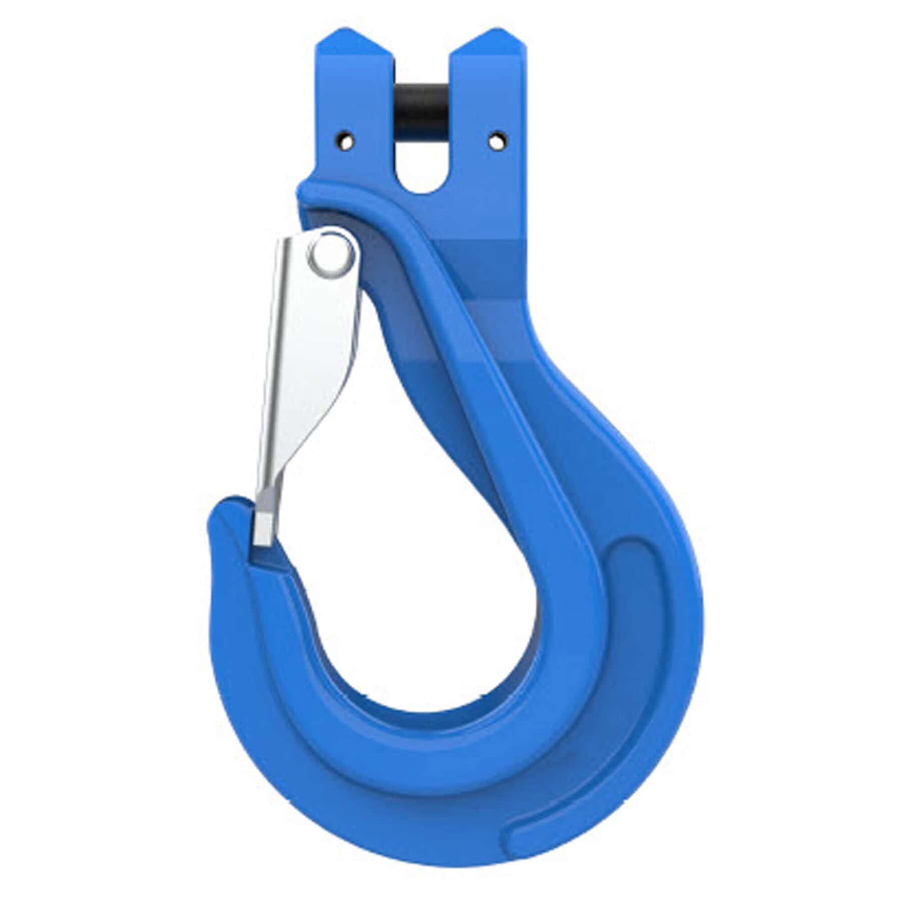Blue grade 10 clevis sling hook with safety latch on white background
