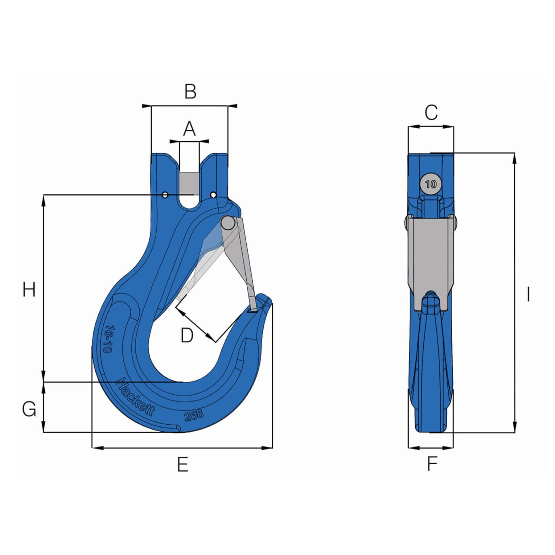 Dimensioned diagram of Grade 10 clevis sling hook with latch showing side and front views with labels A to I