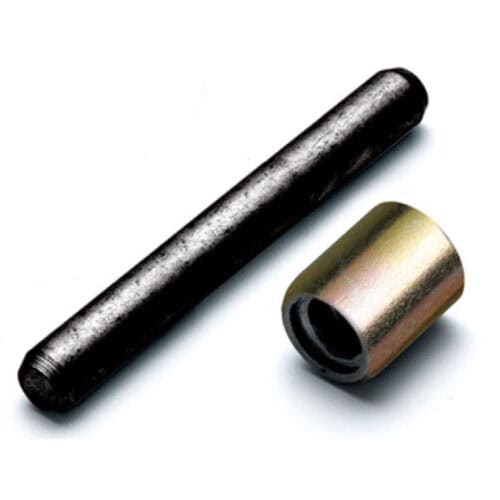 Two spare connector pins with black metal rod and brass-coloured sleeve on white background