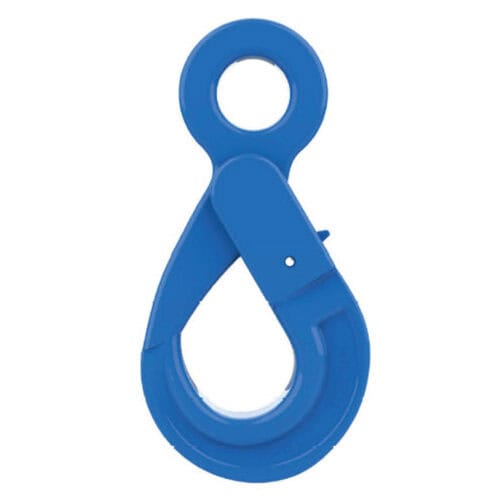Blue grade 10 eye self locking hook with safety latch on white background