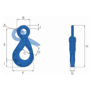 HACK10 Grade 10 eye self locking hook technical drawing with labelled dimensions and side profile view