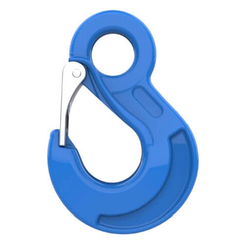 Blue Grade 10 eye sling hook with safety latch on white background